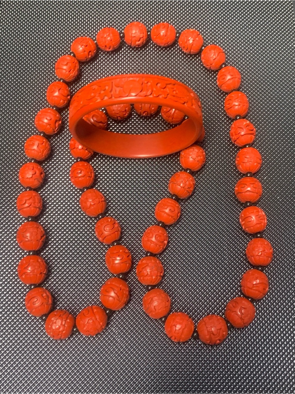 Antique Red Carved Faux Cinnabar Necklace With Bracelet